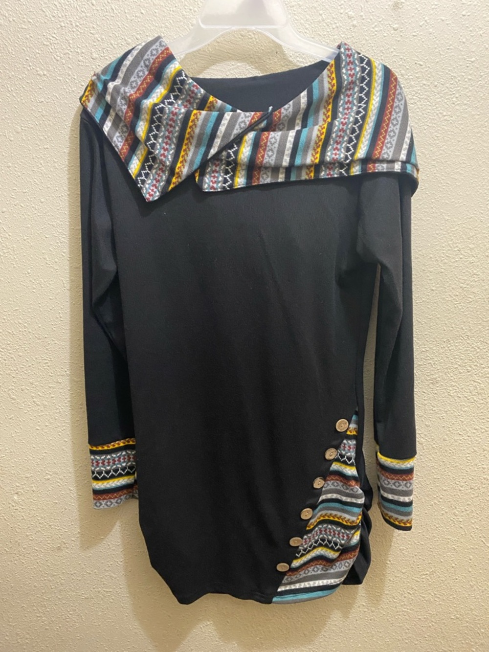 Black sweater dress with Multicolor Geometric hood/scarf and Trim